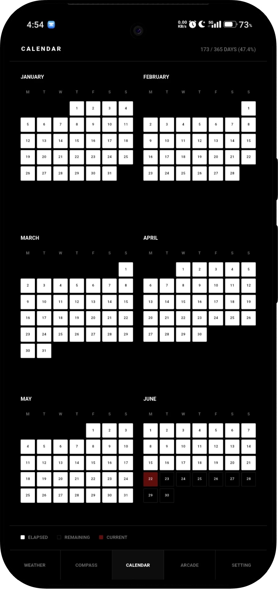 Calendar screen in dark mode