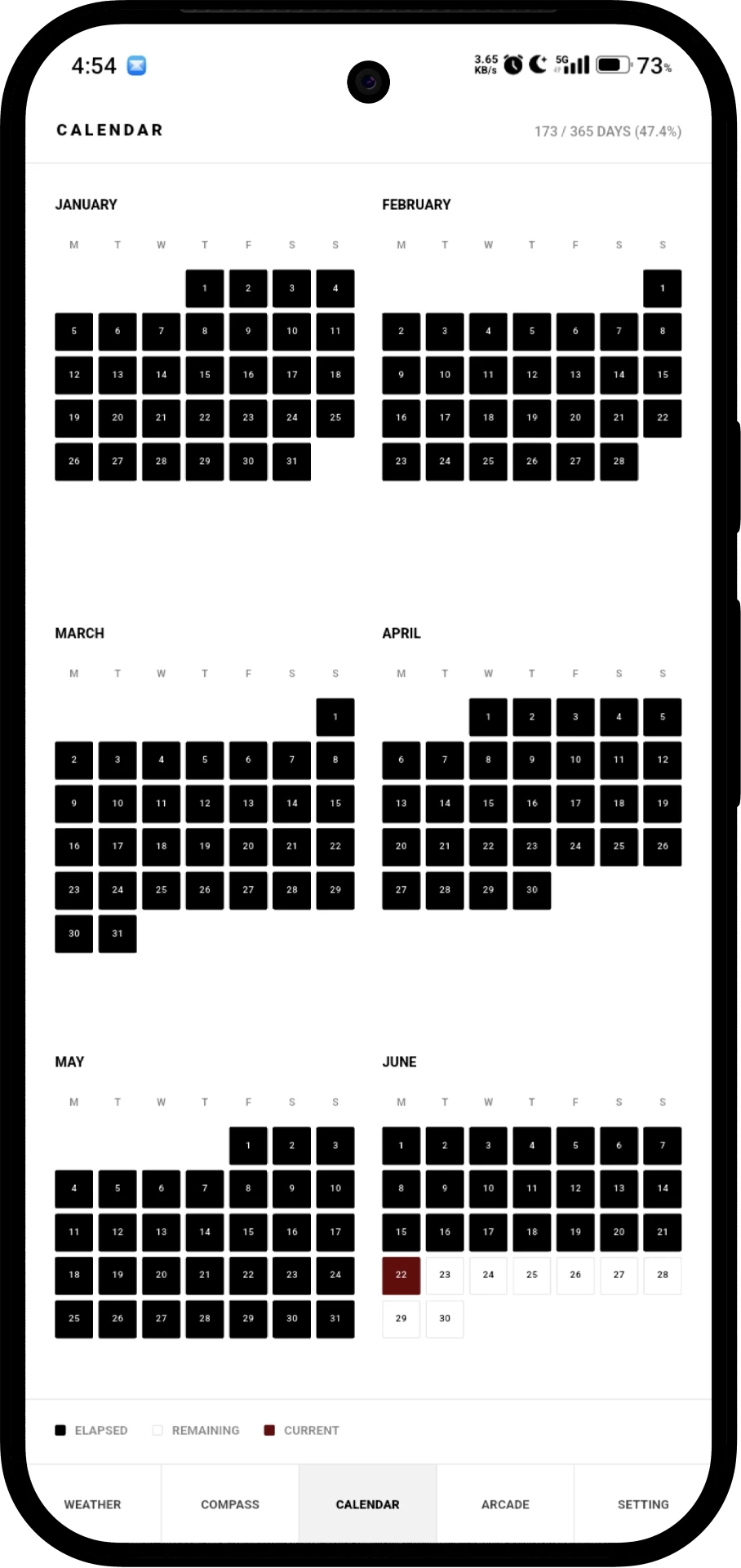 Calendar screen in light mode