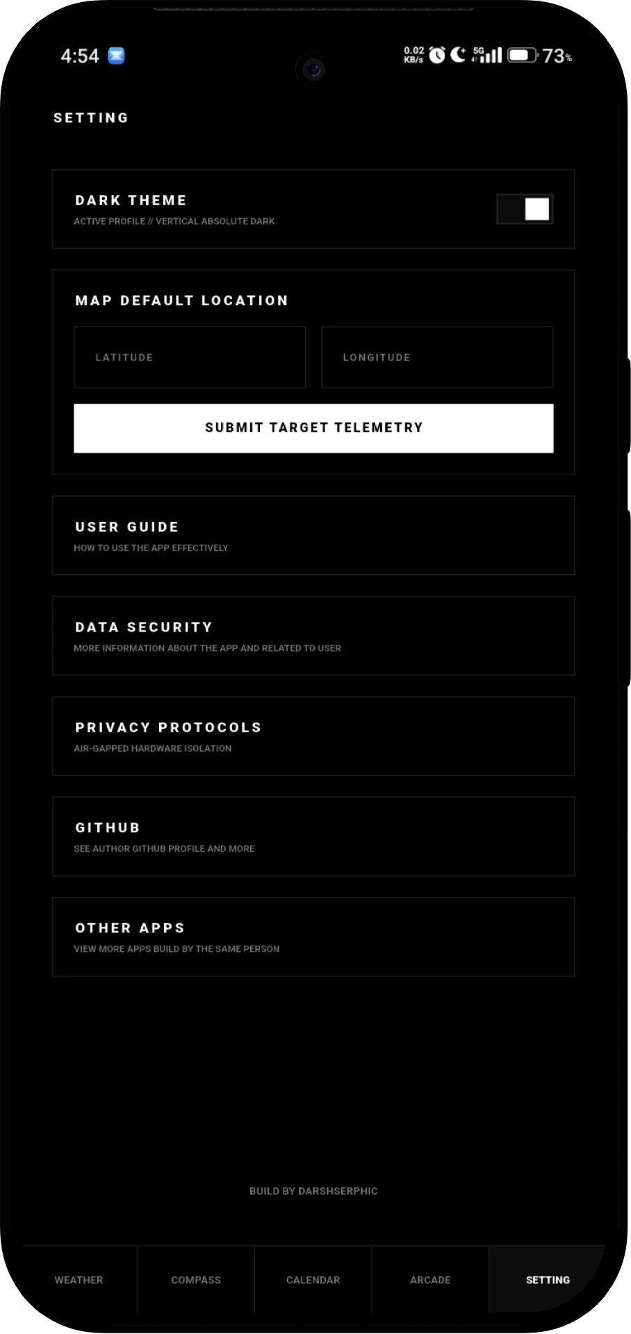 Settings screen in dark mode
